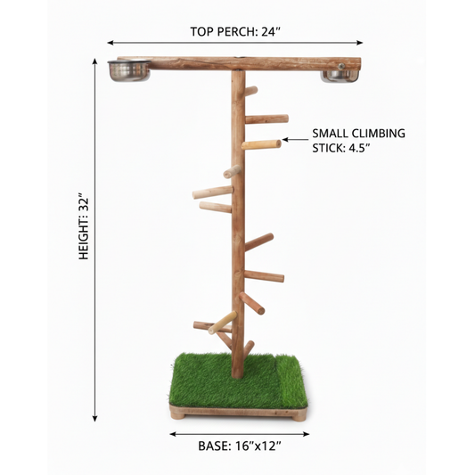 Premium T-Style Wooden Bird Climbing Stand with Multi-Level Perches & Feeding Bowls