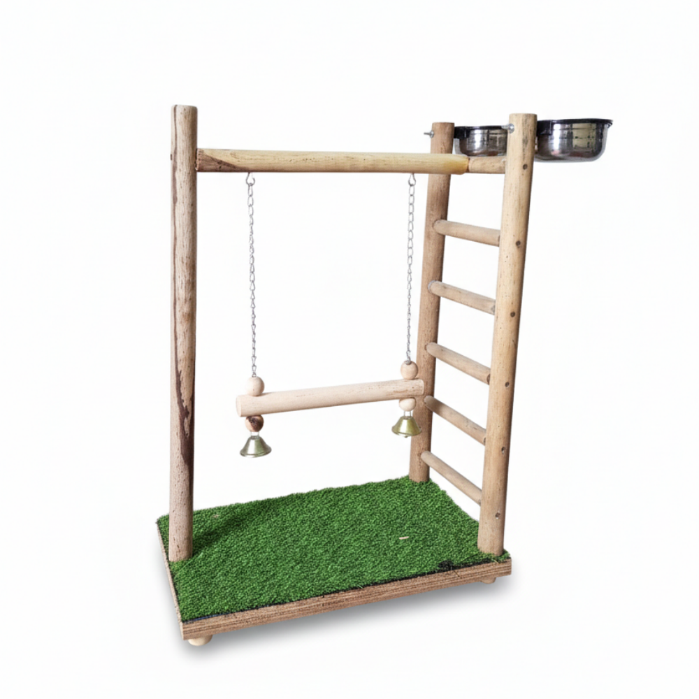 Premium Outdoor Bird Activity Stand with Swing, Exercise Ladder & Dual Feeding Bowls