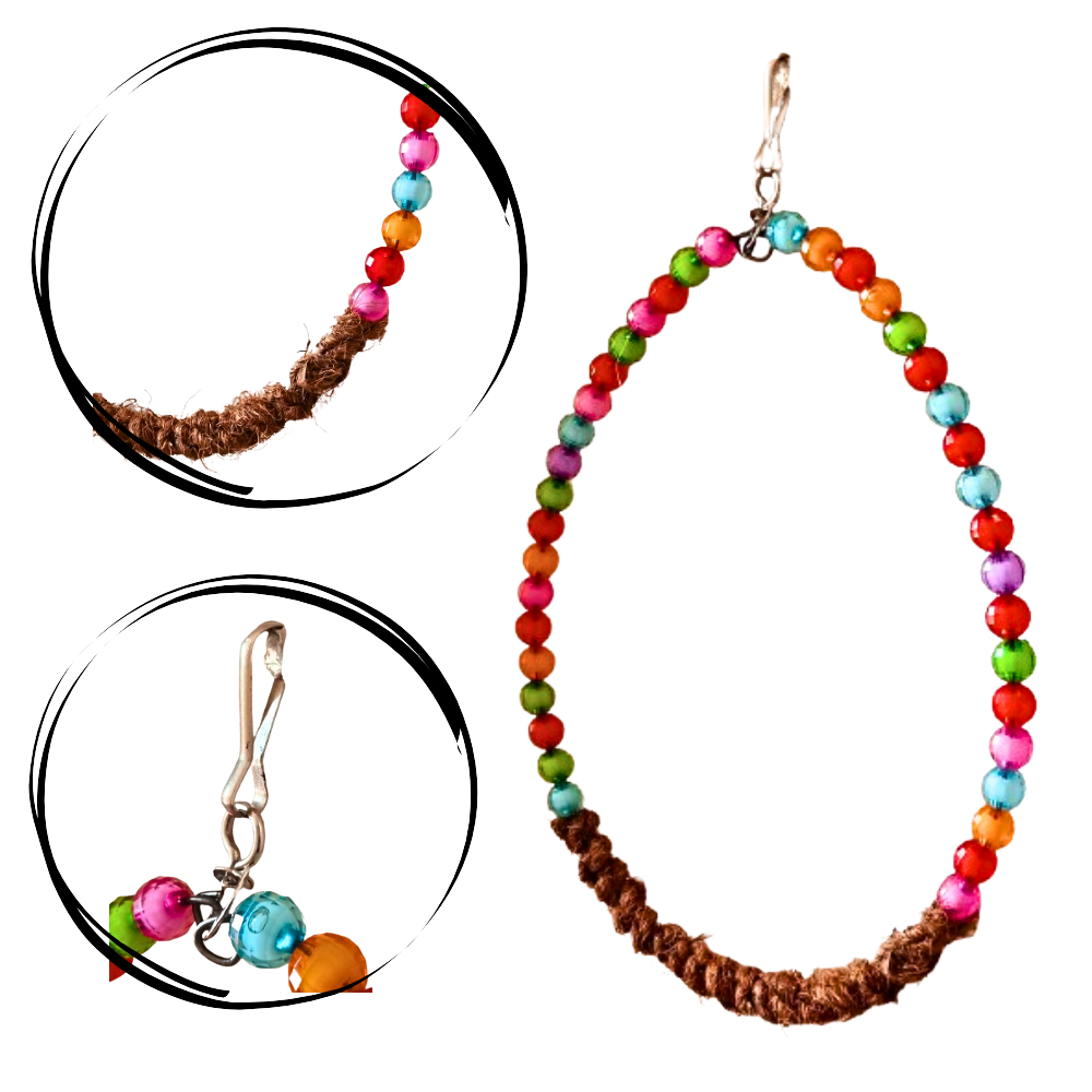 Interactive Round Bird Swing – Multi-Color Bead Design with Jute Rope Grip