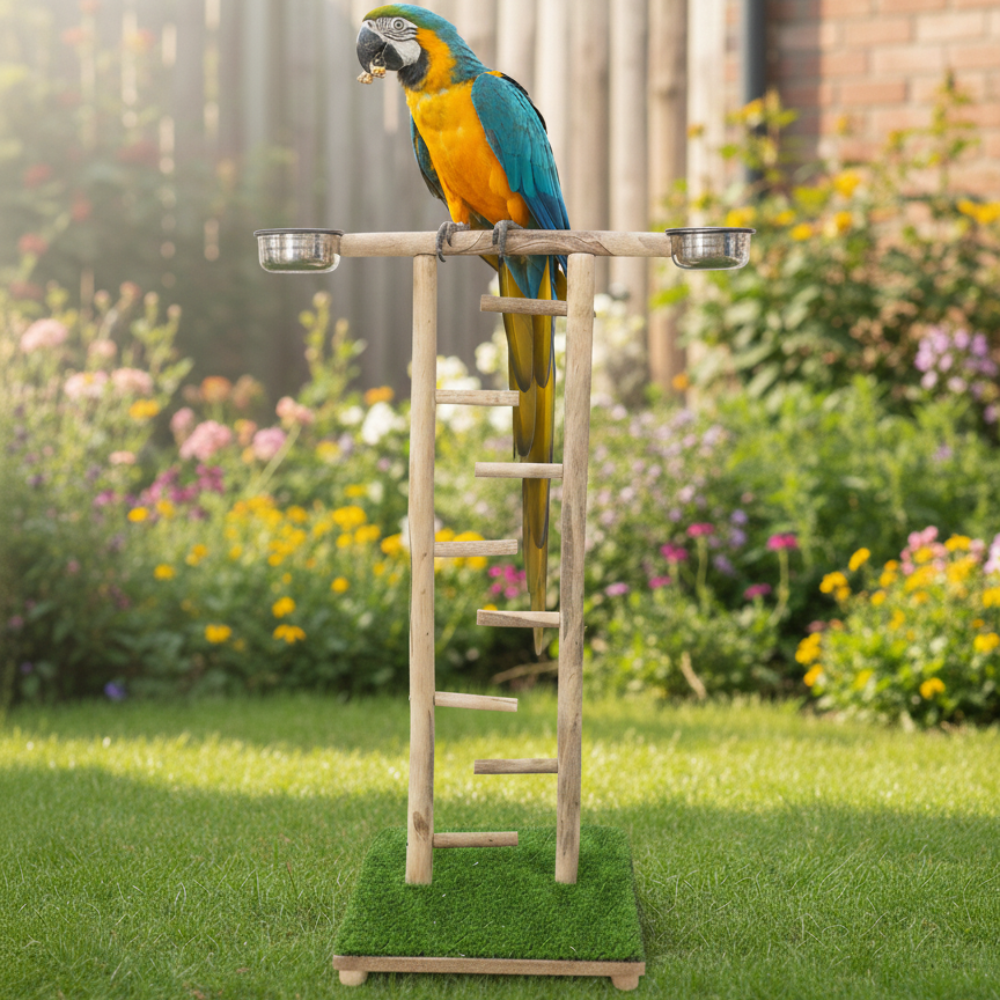 Wooden Bird Play Gym Stand with Climbing Ladder & Feeding Bowls
