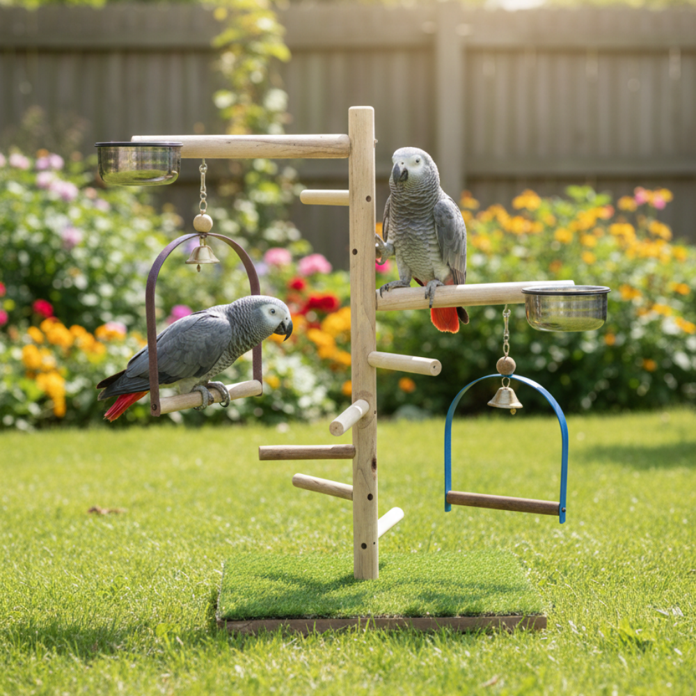 Premium Wooden Bird Play Gym Stand with Perches & Feeding Bowls