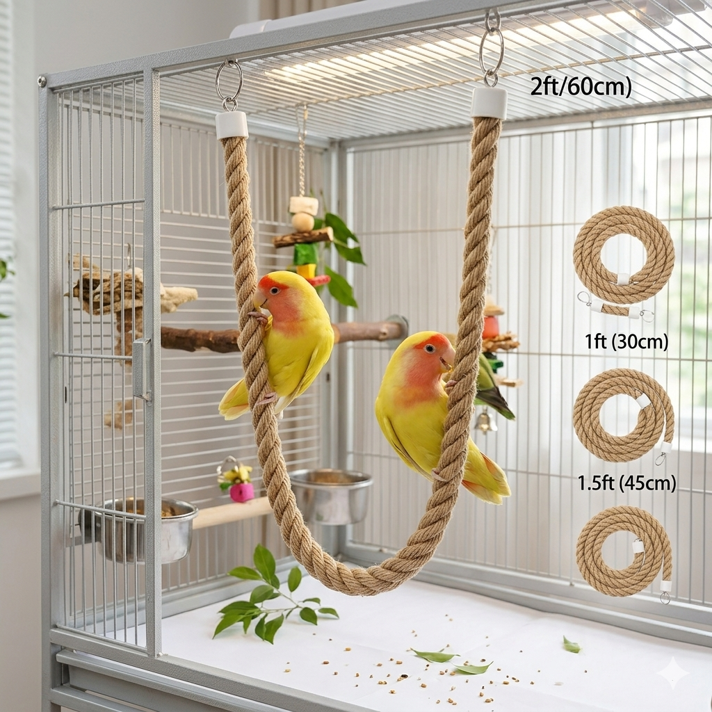 Natural Remp Rope Bird Toy – Flexible Perch & Swing for Parrots & Lovebirds (1ft, 1.5ft, 2ft)