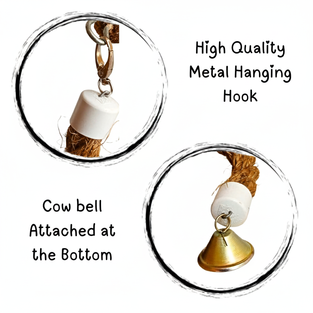 Spiral Rope Perch with Bell for Budgies & Small Parrots – Natural Fiber Hanging Toy