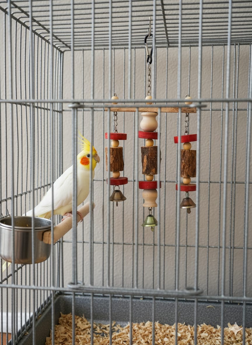 3-Column Hanging Chewing Toy with Bells - Durable Bird Cage Toy