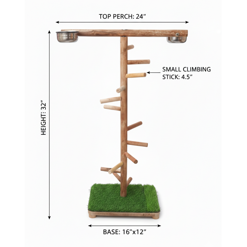 Premium T-Style Wooden Bird Climbing Stand with Multi-Level Perches & Feeding Bowls