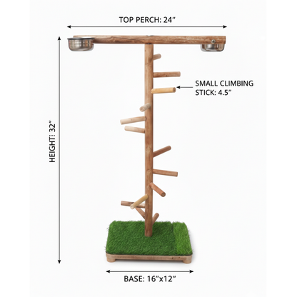 Premium T-Style Wooden Bird Climbing Stand with Multi-Level Perches & Feeding Bowls