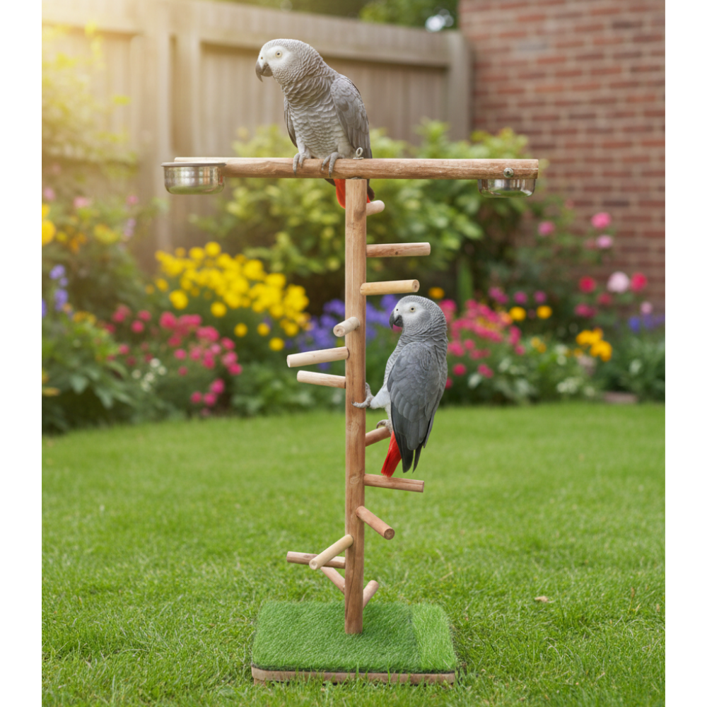Premium T-Style Wooden Bird Climbing Stand with Multi-Level Perches & Feeding Bowls