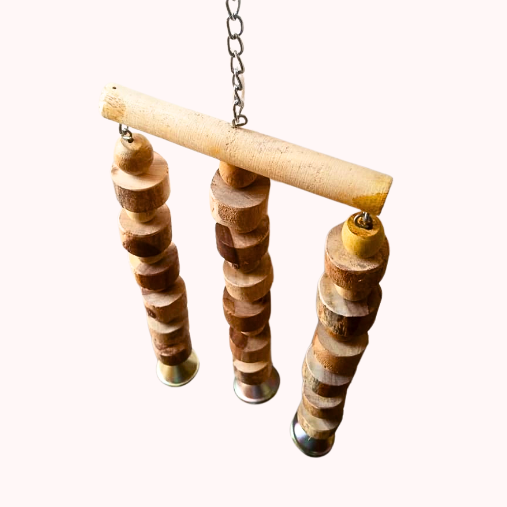 3-Column Wooden Birds Chewable Toy – Compact Hanging Shredder with Bell
