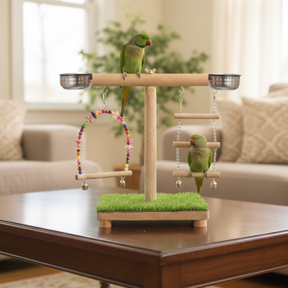 Compact Wooden Bird Tabletop Stand with Beaded Swing, Chain Ladder & Feeding Bowls
