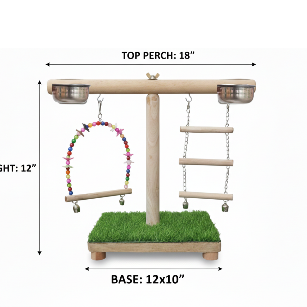 Compact Wooden Bird Tabletop Stand with Beaded Swing, Chain Ladder & Feeding Bowls