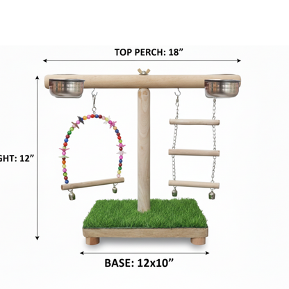Compact Wooden Bird Tabletop Stand with Beaded Swing, Chain Ladder & Feeding Bowls