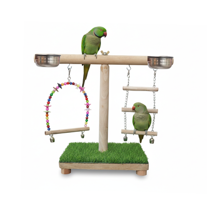 Compact Wooden Bird Tabletop Stand with Beaded Swing, Chain Ladder & Feeding Bowls