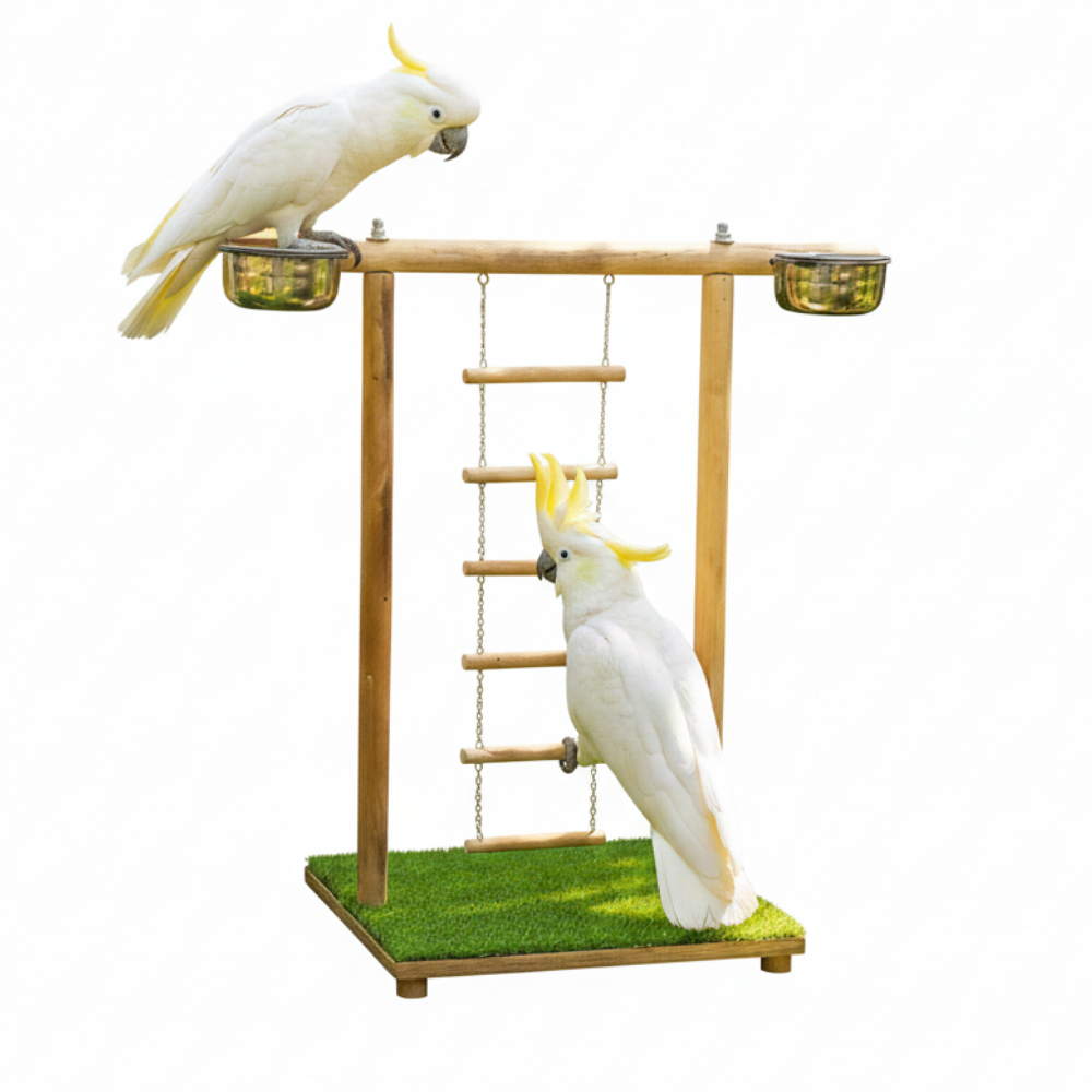 Handcrafted Wooden Bird Training Stand with Hanging Ladder & Dual Feeding Bowls