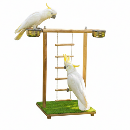 Handcrafted Wooden Bird Training Stand with Hanging Ladder & Dual Feeding Bowls