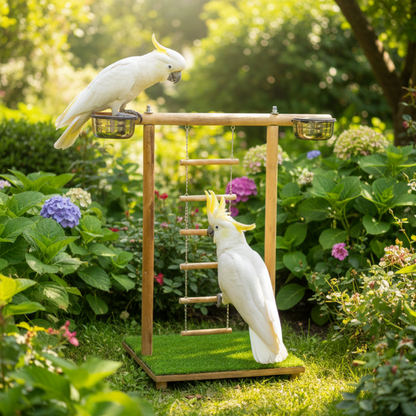 Handcrafted Wooden Bird Training Stand with Hanging Ladder & Dual Feeding Bowls