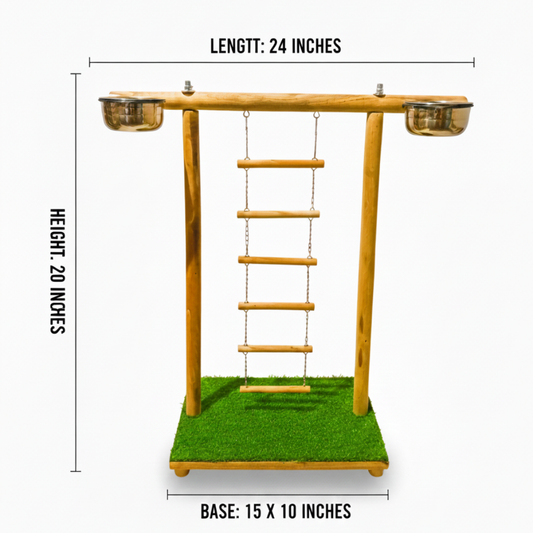 Handcrafted Wooden Bird Training Stand with Hanging Ladder & Dual Feeding Bowls