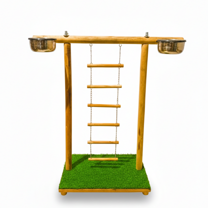 Handcrafted Wooden Bird Training Stand with Hanging Ladder & Dual Feeding Bowls