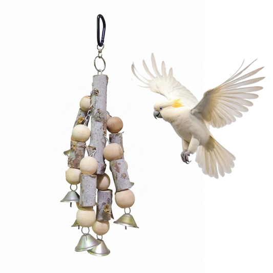 Natural Tree Wood Hanging Playing Toy –  Multi-Bell Parrot Chewing Toy for Mental Stimulation