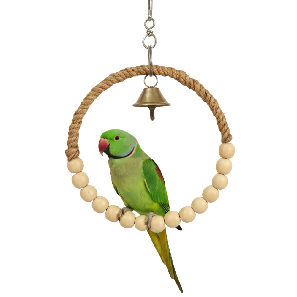 Round Jute Rope + Wooden Bird Swing – Comfortable Hanging Perch Toy for Medium & Big Parrots