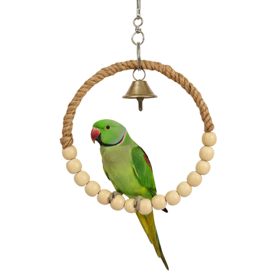 Round Jute Rope + Wooden Bird Swing – Comfortable Hanging Perch Toy for Medium & Big Parrots