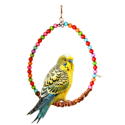 Interactive Round Bird Swing – Multi-Color Bead Design with Jute Rope Grip