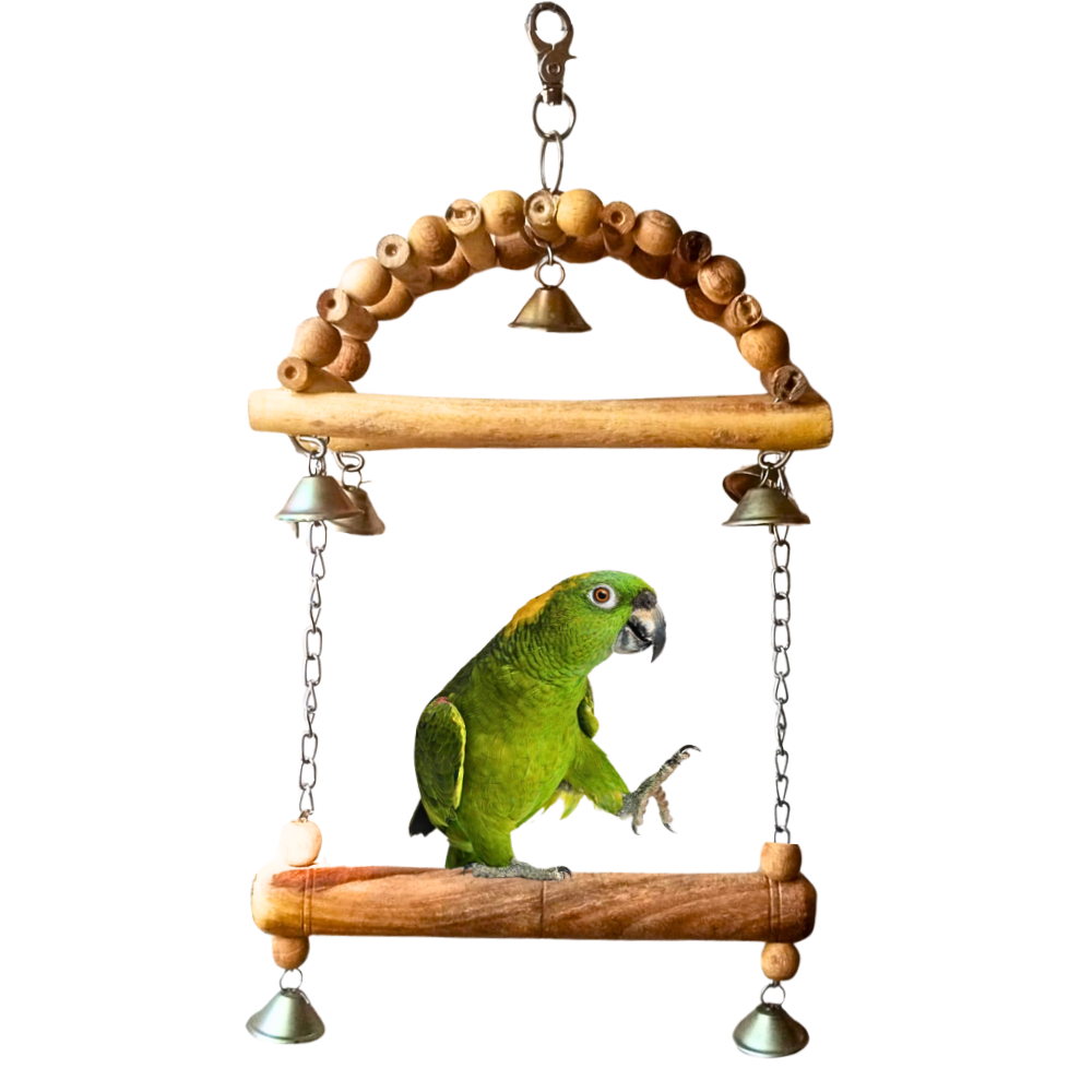 Double-Story Wooden Parrot Swing - Natural Wood Hanging Toy with Bells