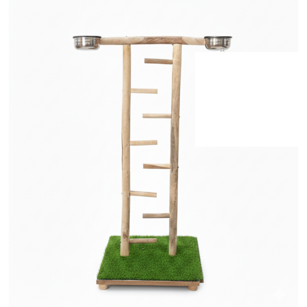 Wooden Bird Play Gym Stand with Climbing Ladder & Feeding Bowls