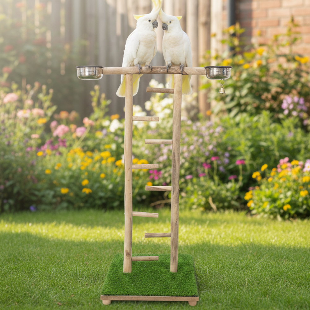 Wooden Bird Play Gym Stand with Climbing Ladder & Feeding Bowls