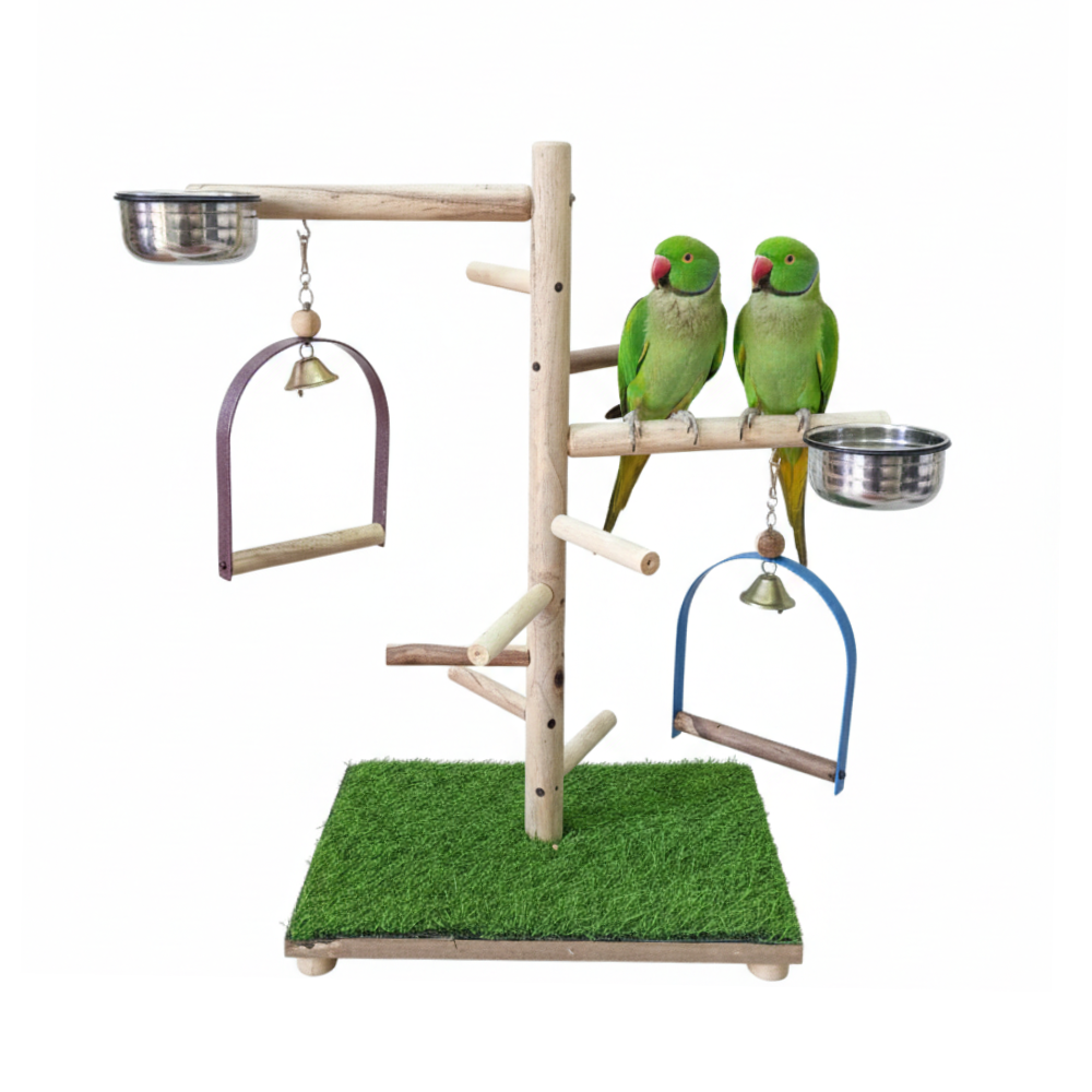 Premium Wooden Bird Play Gym Stand with Perches & Feeding Bowls