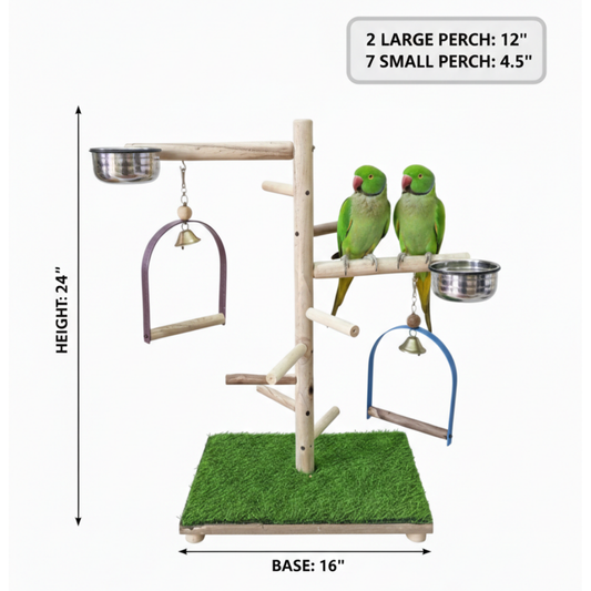 Premium Wooden Bird Play Gym Stand with Perches & Feeding Bowls