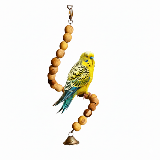 Spiral Wooden Bird Perch with Bell - Natural Hanging Toy for Budgies & Small Parrots
