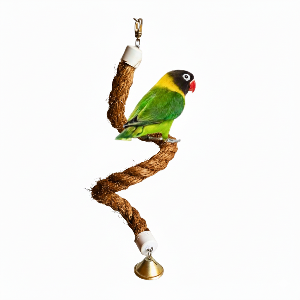 Spiral Rope Perch with Bell for Budgies & Small Parrots – Natural Fiber Hanging Toy