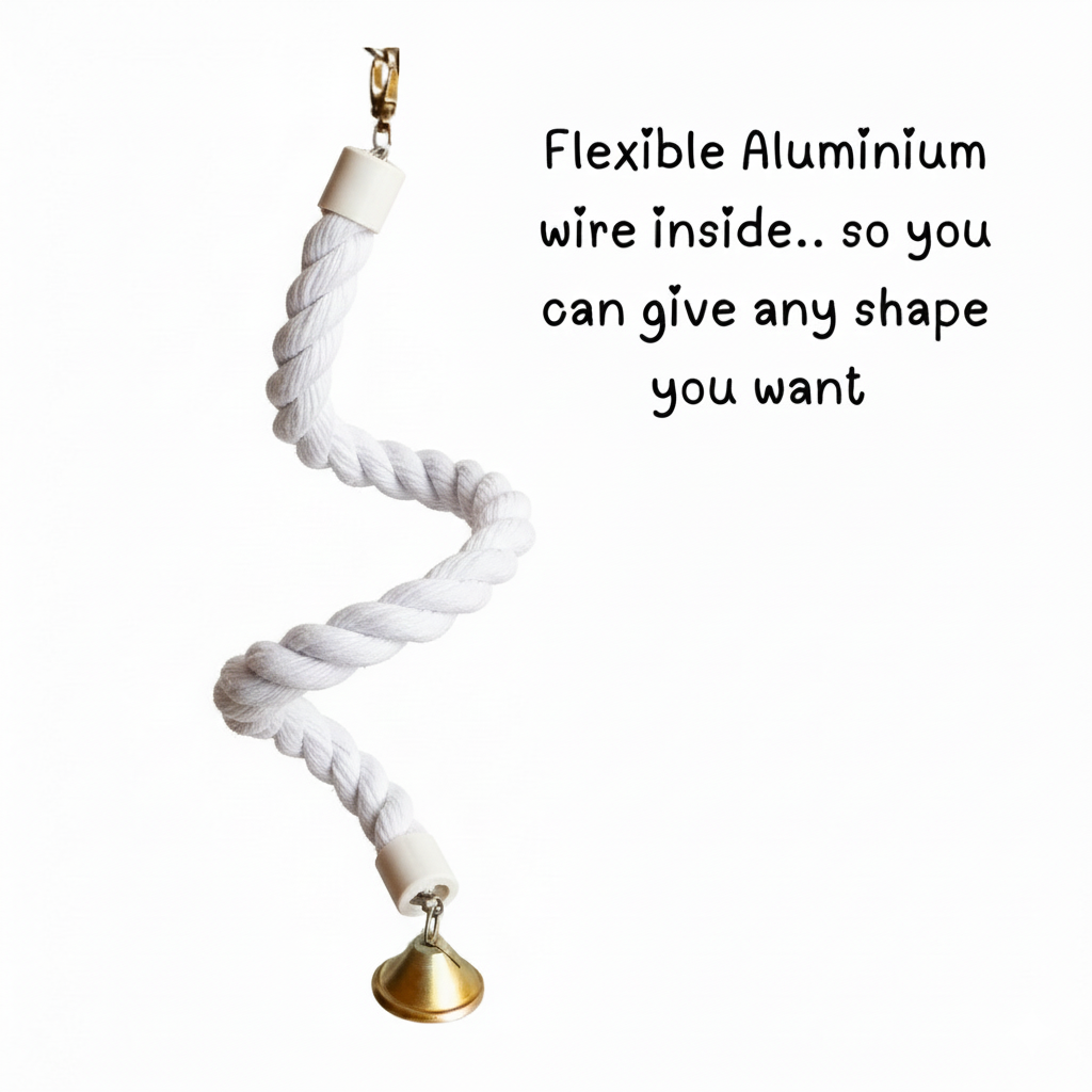 Spiral Rope Perch with Bell for Budgies & Small Parrots – White Cotton Hanging Toy