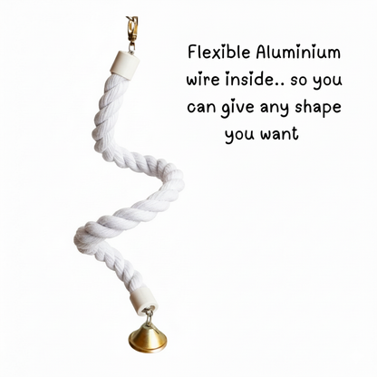 Spiral Rope Perch with Bell for Budgies & Small Parrots – White Cotton Hanging Toy