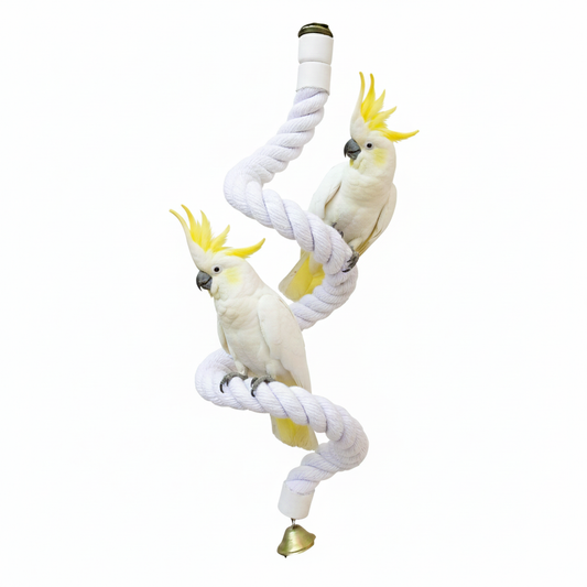 Large Spiral Rope Perch for Big Parrots – White Rope Climbing Toy with Bell