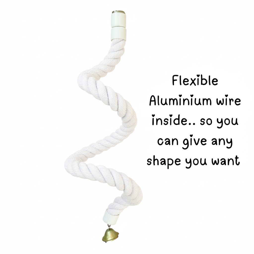 Large Spiral Rope Perch for Big Parrots – White Rope Climbing Toy with Bell