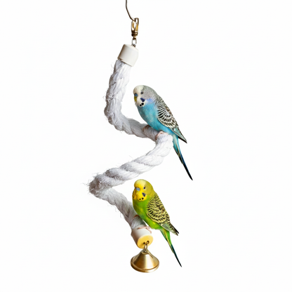 Spiral Rope Perch with Bell for Budgies & Small Parrots – White Cotton Hanging Toy
