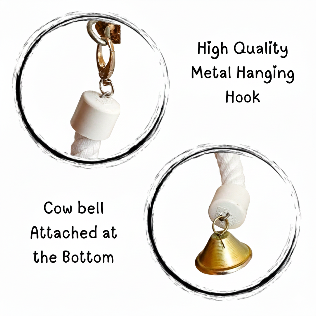Spiral Rope Perch with Bell for Budgies & Small Parrots – White Cotton Hanging Toy