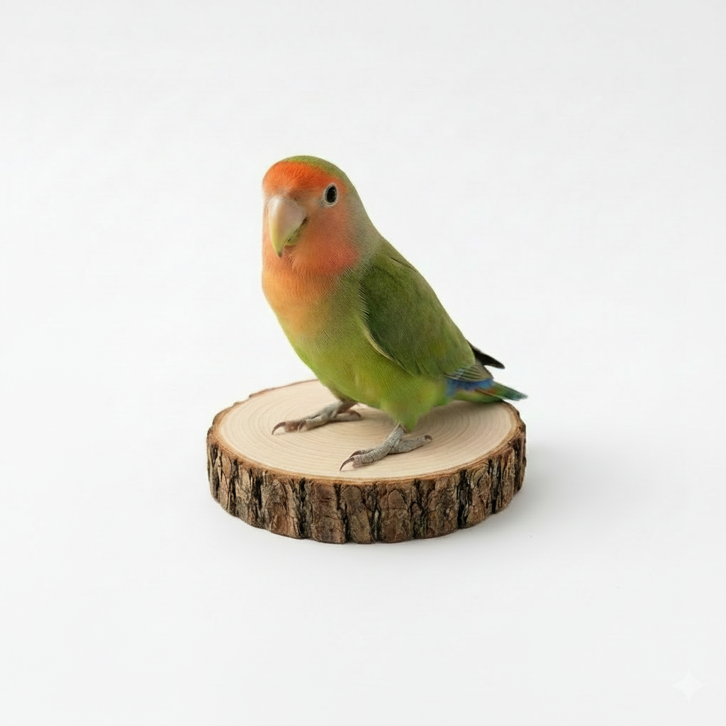 Green parrot with orange face perched on a wooden stump against a white background