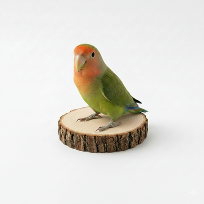 Green parrot with orange face perched on a wooden stump against a white background