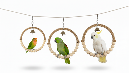 Round Jute Rope + Wooden Bird Swing – Comfortable Hanging Perch Toy for Medium & Big Parrots
