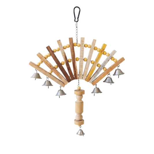 Fan-Style Musical Bird Toy – Natural Wood Perch with 7 Bells
