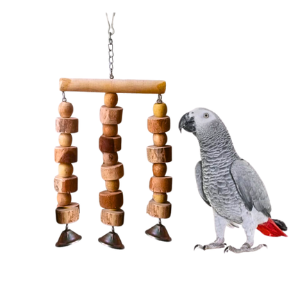 3-Column Wooden Birds Chewable Toy – Compact Hanging Shredder with Bell
