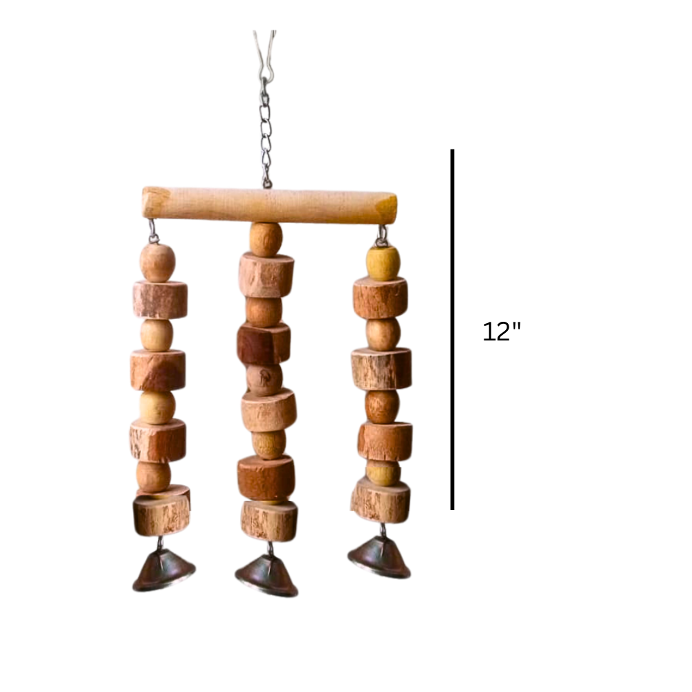 3-Column Wooden Birds Chewable Toy – Compact Hanging Shredder with Bell