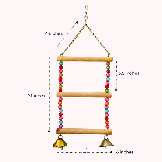 3-Step Wooden Bird Ladder – Hanging Toy with Colorful Beads & Bells