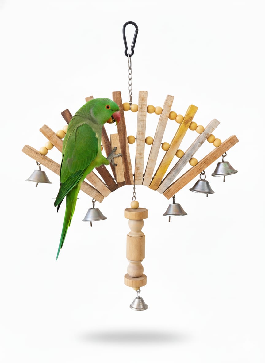 Fan-Style Musical Bird Toy Perch with 7 Bells