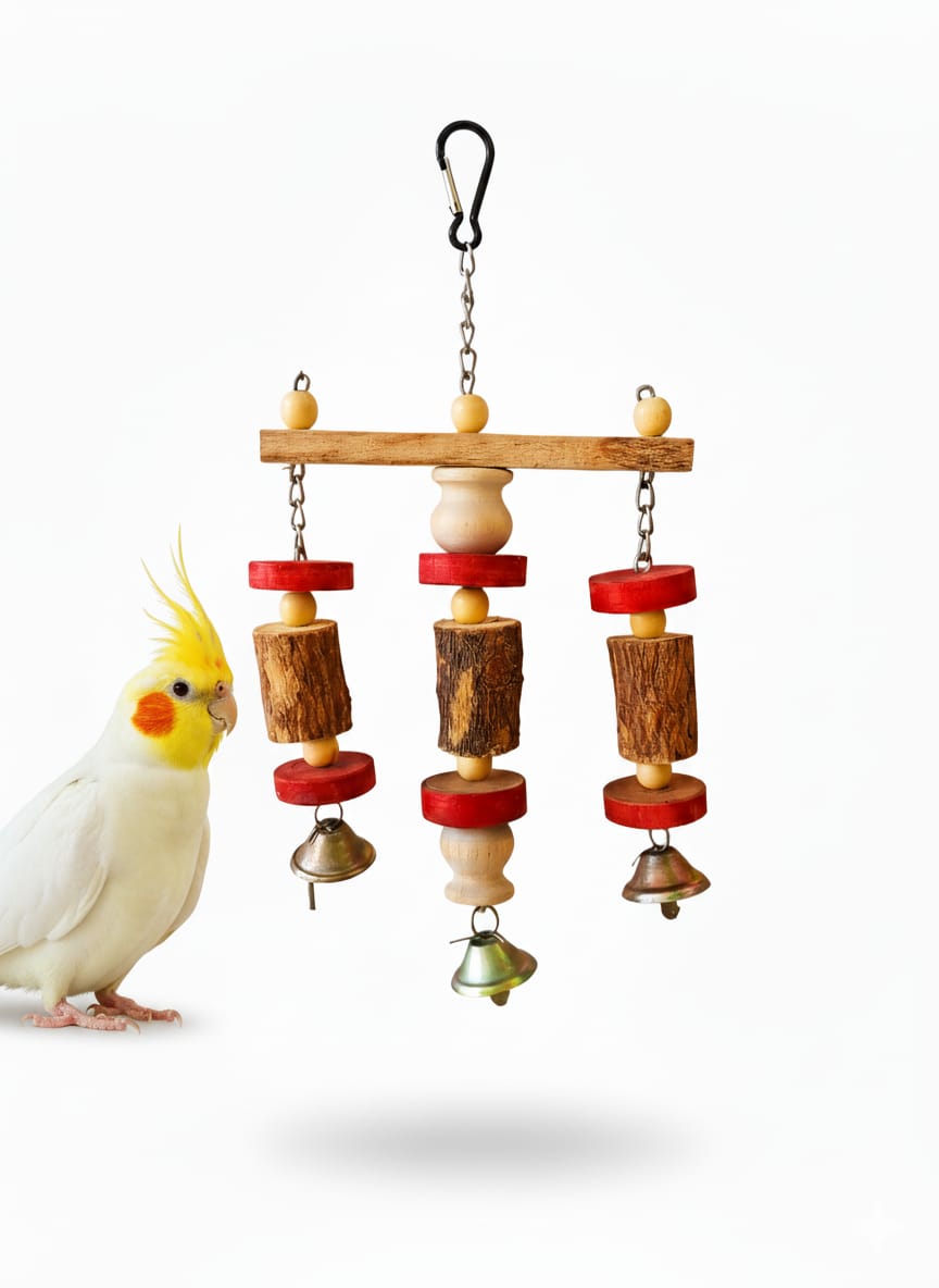 3-Column Hanging Chewing Toy with Bells - Durable Bird Cage Toy