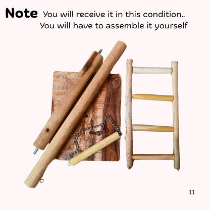 All-in-One Bird Activity Stand Natural Wooden Perch, Swing & Ladder Set